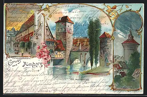 Lithographie Nürnberg, Strassenpartie, Turm, Brücke