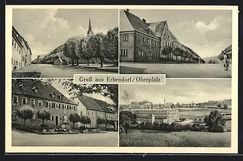 AK Erbendorf /Opf., Fabrik, Strassenpartien mit Denkmal und Blick auf Kirchturm