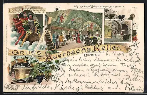 Lithographie Leipzig, Gasthaus Auerbachs Keller, Leipzig`s älteste Weinstube, bestehend seit 1438