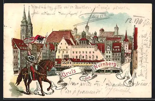 Lithographie Nürnberg, Ortspartie mit Ritter