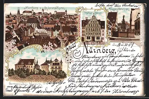 Lithographie Nürnberg, Totalansicht v. St. Lorenz Thurm, Germanisches Museum, Peller Haus