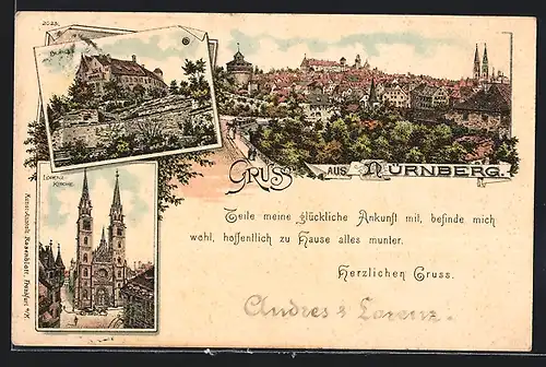 Lithographie Nürnberg, Panorama, Burg, Lorenzkirche