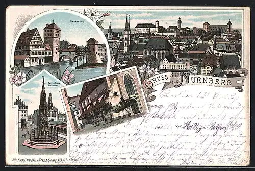Lithographie Nürnberg, Gasthaus Bratwurstglöcklein, Der schöne Brunnen, Henkersteg