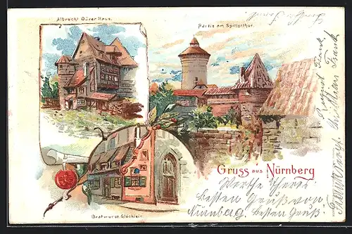 Lithographie Nürnberg, Dürerhaus, Spillerthor, Bratwurstglöcklein