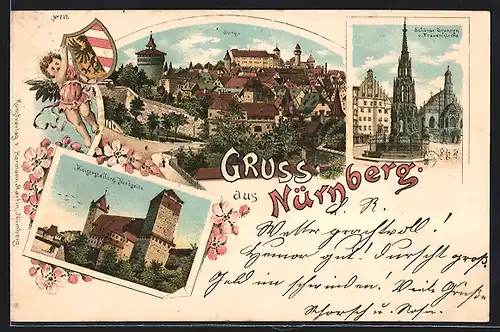 Lithographie Nürnberg, Burg, Kaiserstallung, Frauenkirche mit Schöner Brunnen, Wappen