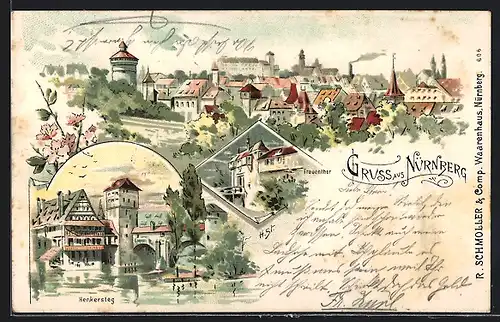 Lithographie Nürnberg, Frauentor, Henkersteg, Ortsansicht