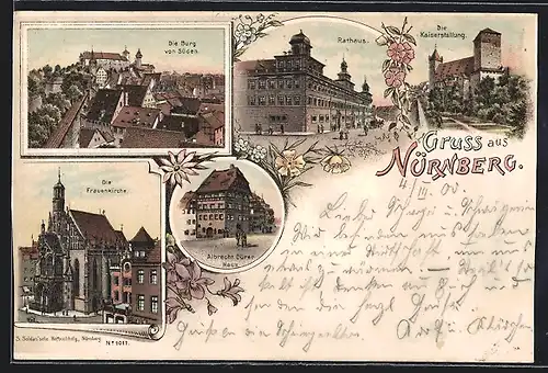 Lithographie Nürnberg, Rathaus, Burg von Süden, Kaiserstallung, Frauenkirche, Albrecht Dürer Haus