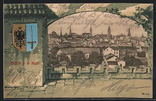 AK Essen a. d. Ruhr, Stadtansicht und Wappen mit Schwert