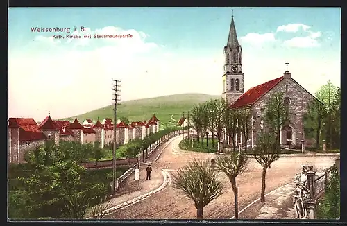 AK Weissenburg, Kath. Kirche mit Stadtmauerpartie