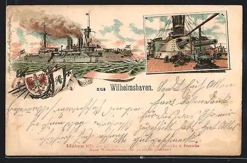 Lithographie Wilhelmshaven, Kriegsschiff auf hoher See, Kanonendeck auf dem Schiff, Flaggen und Wappen