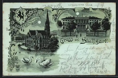 Mondschein-Lithographie Stuttgart, Johanniskirche und Wilhelmspalast im Vollmondlicht