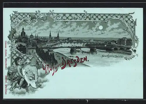 Lithographie Dresden, Neue Carola-Brücke, Ortsansicht