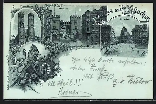 Lithographie München, Karlstor, Frauenkirche, Karlsplatz, Löwe mit Wappen