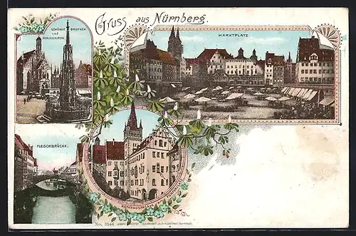 Lithographie Nürnberg, Schöner Brunnen und Frauenkirche, Marktplatz, Fleischbrücke