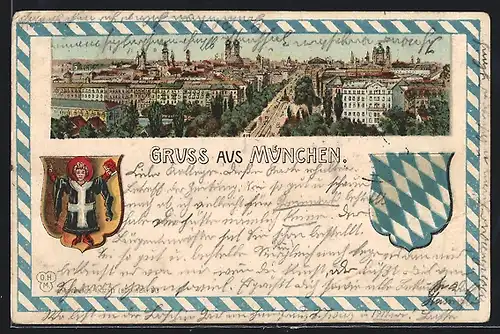 Lithographie München, Totalansicht mit Wappen