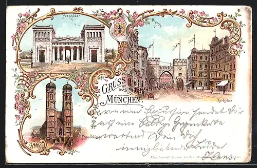 Lithographie München, Propyläen, Frauenkirche und Karlsthor