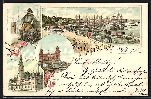 Vorläufer-Lithographie Hamburg, 1895, Neues Rathaus, Seemann mit Pfeife und Hafen