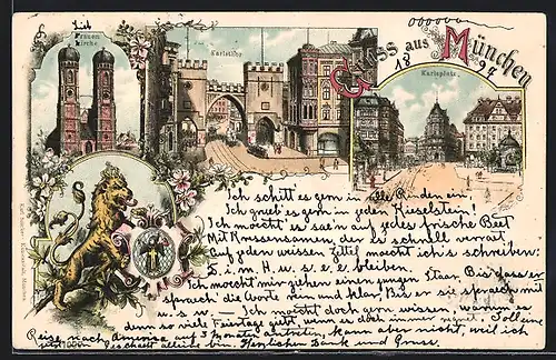 Lithographie München, Frauenkirche, Karlsplatz und Karlsthor, Wappen und Löwe