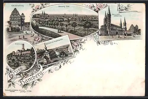 Lithographie Bamberg, Dom und alte Hofhaltung, Altenburg, Rathaus
