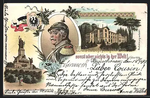 Lithographie Friedrichsruh, Schloss, Reichskanzler Fürst Otto von Bismarck mit Pickelhaube, Niederwalddenkmal