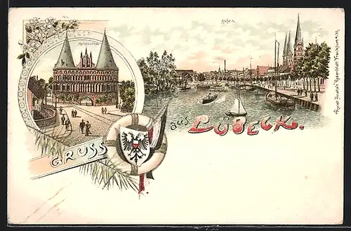 Lithographie Lübeck, Hafen, Holstenthor