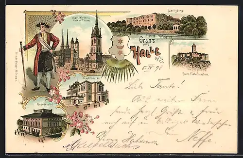 Lithographie Halle a. S. Marktkirche u. Rother Thurm, Moritzburg, Universität