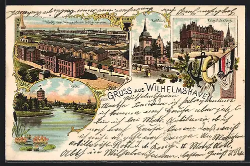 Lithographie Wilhelmshaven, Rathaus, Kaiserliche Post, Park