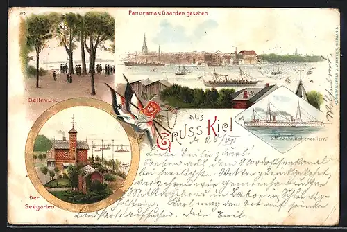 Lithographie Kiel, Panorama v. Gaarden gesehen, Bellevue, Seegarten, SM Yacht Hohenzollern