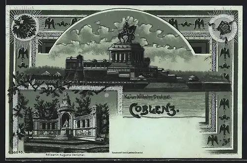 Lithographie Coblenz, Kaiser Wilhelm-Denkmal, Kaiserin-Augusta-Denkmal