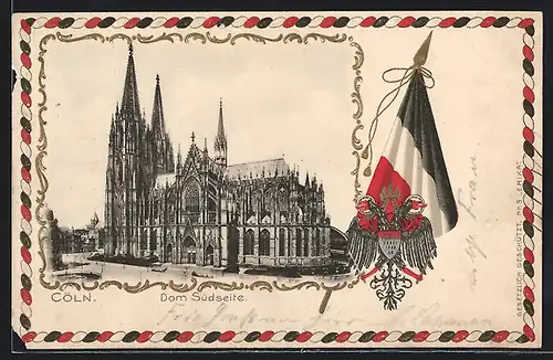 AK Köln, Dom von der Südseite mit Fahne und Stadtwappen