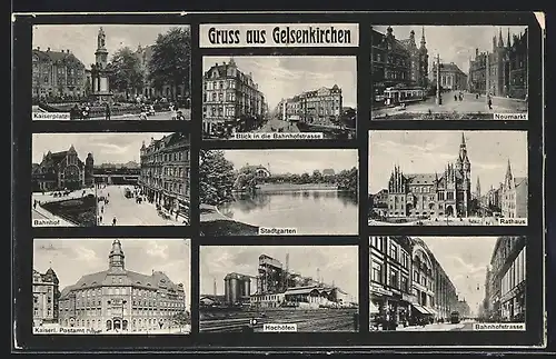 AK Gelsenkirchen, Hochöfen, Kaiserliches Postamt, Bahnhof und Bahnhofstrasse