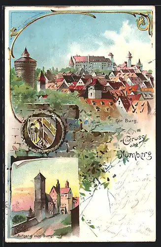Lithographie Nürnberg, Blick auf die Burg und die Stadt, Burgaufgang, das Stadtwappen