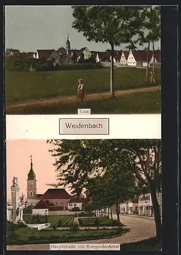 AK Weidenbach, Totalansicht, Hauptstrasse mit Kriegerdenkmal