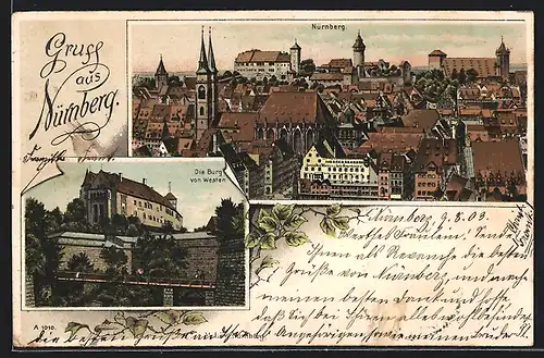 Lithographie Nürnberg, Gesamtansicht und Burgblick von Westen aus