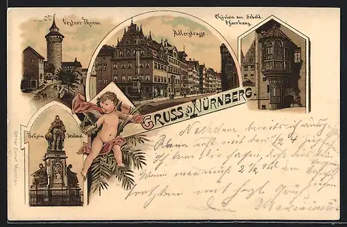 Lithographie Nürnberg, Vestner Turm, Chörlein am Sebald Pfarrhaus, Adlerstrasse