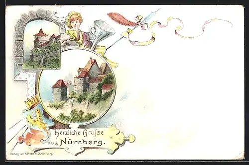 Lithographie Nürnberg, Geschäftshaus J. Erlenbach, Kaiserstrasse 5, Burg
