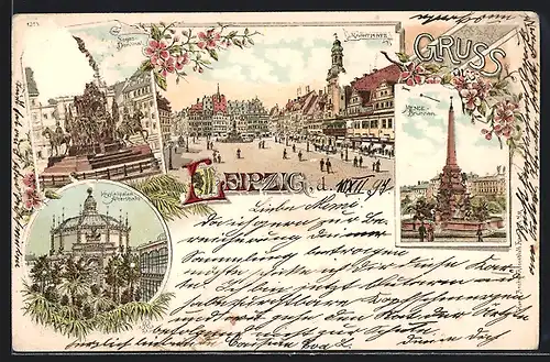 Lithographie Leipzig, Krystallpalast Alberthalle, Marktplatz, Sieges-Denkmal