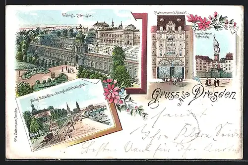 Lithographie Dresden, Steinemann`s Bazar, Königl. Zwinger