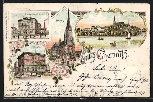 Lithographie Chemnitz, Öffentliche Handels-Lehranstalt, Perikirche, Reichsbank, Schlossteich