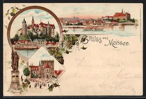 Lithographie Meissen, Ortsansicht mit Schloss und Rathaus
