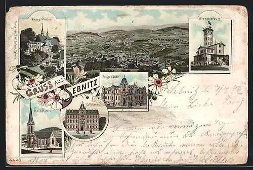 Lithographie Sebnitz, Postgebäude, Grenadierburg, Katholische Kirche, Evangelische Kirche um 1900