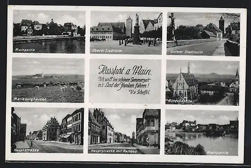 AK Hassfurt a. M., Hauptstrasse mit Rathaus, Ritterkapelle, Oberer Stadtturm