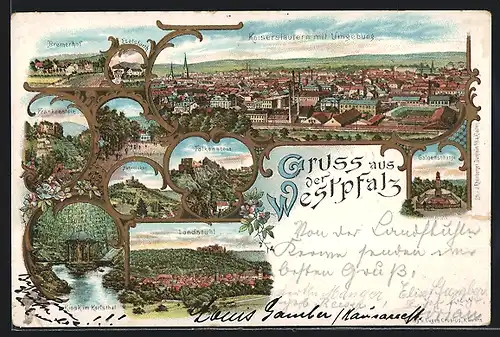 Lithographie Kaiserslautern, Gruss aus der Westpfalz, Galgenschanze, Landstuhl, Frankenstein