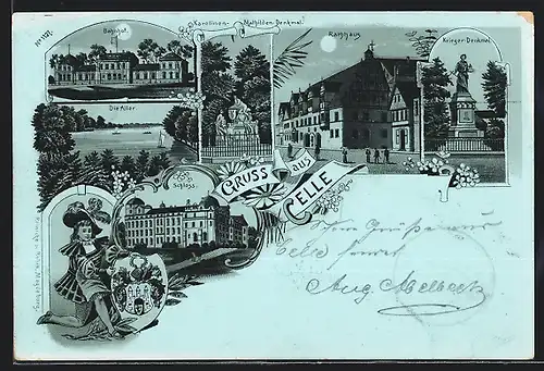 Mondschein-Lithographie Celle, Bahnhof, Rathaus, Schloss, Krieger-Denkmal