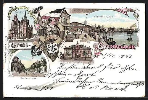 Lithographie Geestemünde, Fischereihafen, Rathaus, Borriesstrasse