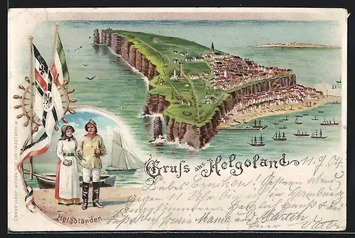 Lithographie Helgoland, Helgoländer, Blick auf die Insel