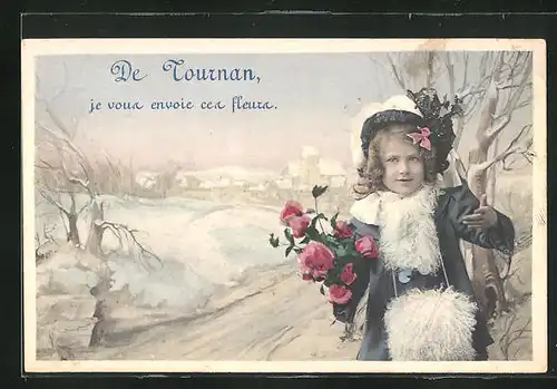 Künstler-AK Tournan, Mädchen mit Blumenstrauss, im Hintergrund der Ort