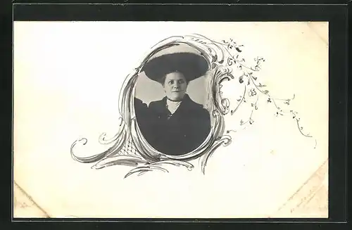 AK Brustportrait einer bürgerlichen Dame mit Hut, Passepartout