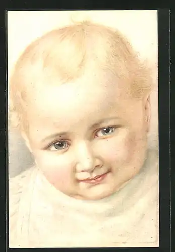 Lithographie Kinderkopf mit blondem Haar und blauen Augen
