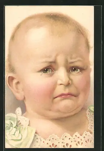 Lithographie Trauriger Kinderkopf mit blondem Haar und blauen Augen